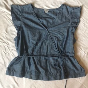 Denim flutter sleeve tie shirt